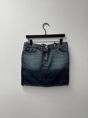 Iceberg Two-Tone Blue Denim Mini Skirt with Red Rivet Accents